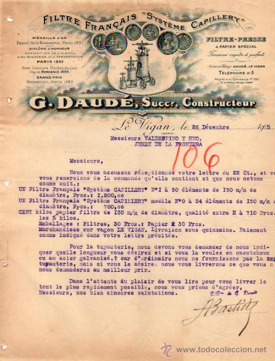 Cartas comerciales: CARTA COMERCIAL DE G. DAUD&Eacute; SUCCr. , CONSTRUCTEUR . FILTRE FRAN&Ccedil;AIS. LE VIGAN 1925, FRANCE