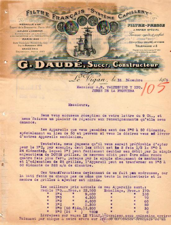Cartas comerciales: CARTA COMERCIAL DE G. DAUD&Eacute; SUCCr. , CONSTRUCTEUR . FILTRE FRAN&Ccedil;AIS. LE VIGAN 1925, FRANCE