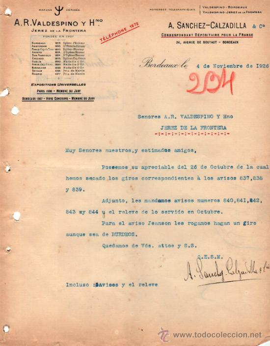 Cartas comerciales: CARTA COMERCIAL DE A. SANCHEZ - CALZADILLA & C&ordm;. CORRESPONDANT D&Eacute;POSITAIRE. BORDEAUX 1926