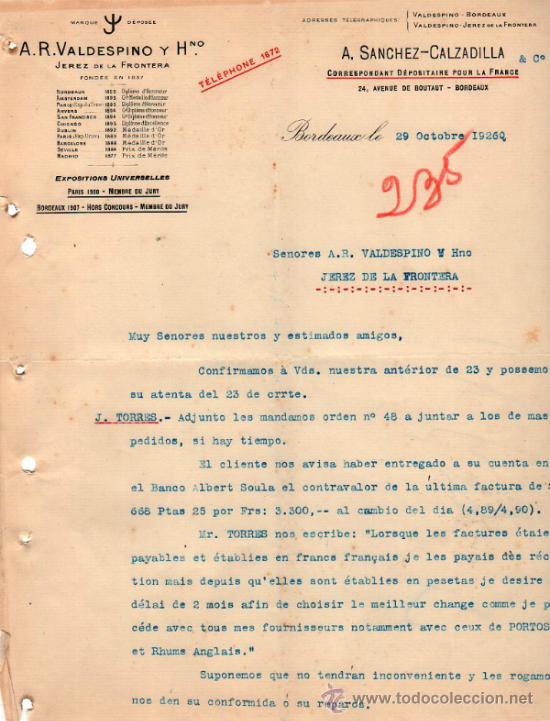 Cartas comerciales: CARTA COMERCIAL DE A. SANCHEZ - CALZADILLA & C&ordm;. CORRESPONDANT D&Eacute;POSITAIRE. BORDEAUX 1926