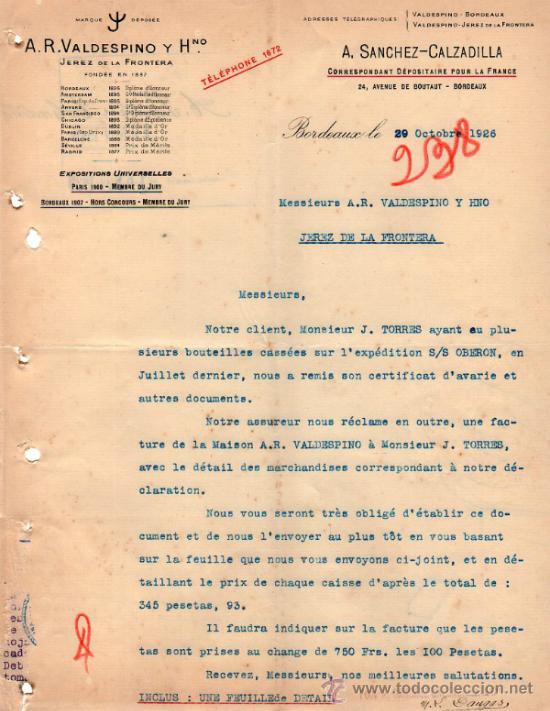 Cartas comerciales: CARTA COMERCIAL DE A. SANCHEZ - CALZADILLA & C&ordm;. CORRESPONDANT D&Eacute;POSITAIRE. BORDEAUX 1926