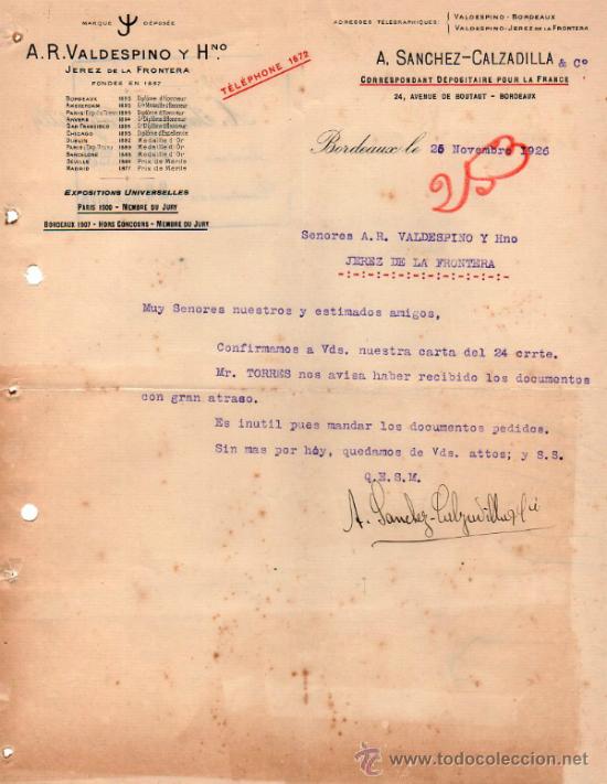 Cartas comerciales: CARTA COMERCIAL DE A. SANCHEZ - CALZADILLA & C&ordm;. CORRESPONDANT D&Eacute;POSITAIRE. BORDEAUX 1926