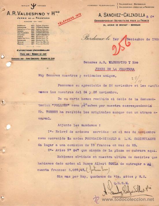Cartas comerciales: CARTA COMERCIAL DE A. SANCHEZ - CALZADILLA & C&ordm;. CORRESPONDANT D&Eacute;POSITAIRE. BORDEAUX 1926