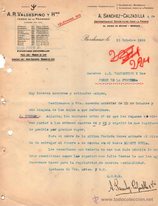 Cartas comerciales: CARTA COMERCIAL DE A. SANCHEZ - CALZADILLA & C&ordm;. CORRESPONDANT D&Eacute;POSITAIRE. BORDEAUX 1926