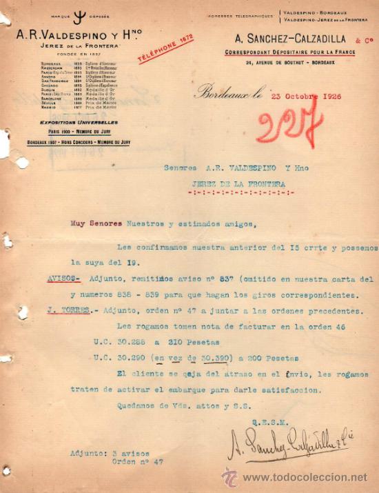 Cartas comerciales: CARTA COMERCIAL DE A. SANCHEZ - CALZADILLA & C&ordm;. CORRESPONDANT D&Eacute;POSITAIRE. BORDEAUX 1926