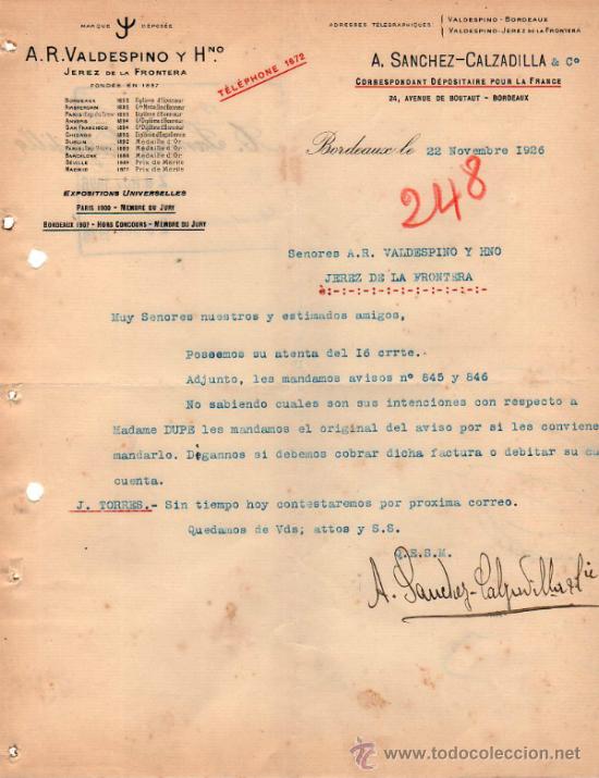 Cartas comerciales: CARTA COMERCIAL DE A. SANCHEZ - CALZADILLA & C&ordm;. CORRESPONDANT D&Eacute;POSITAIRE. BORDEAUX 1926