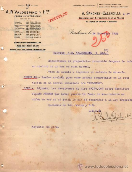 Cartas comerciales: CARTA COMERCIAL DE A. SANCHEZ - CALZADILLA & C&ordm;. CORRESPONDANT D&Eacute;POSITAIRE. BORDEAUX 1926