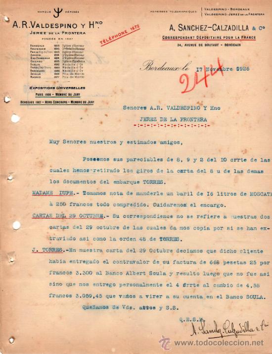 Cartas comerciales: CARTA COMERCIAL DE A. SANCHEZ - CALZADILLA & C&ordm;. CORRESPONDANT D&Eacute;POSITAIRE. BORDEAUX 1926