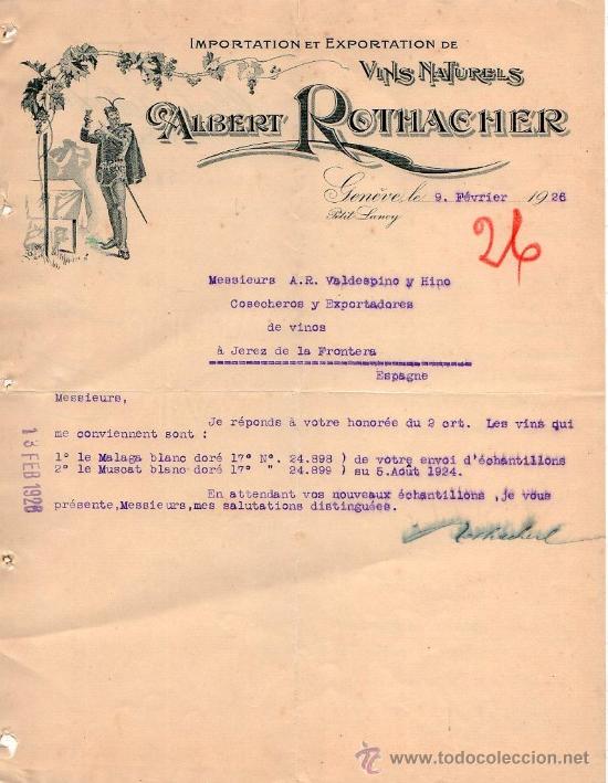 Lettres commerciales: CARTA COMERCIAL DE ALBERT ROTHACHER. IMPORTATION - EXPORTATION DE VINS NATURELS. GEN&Egrave;VE 1926