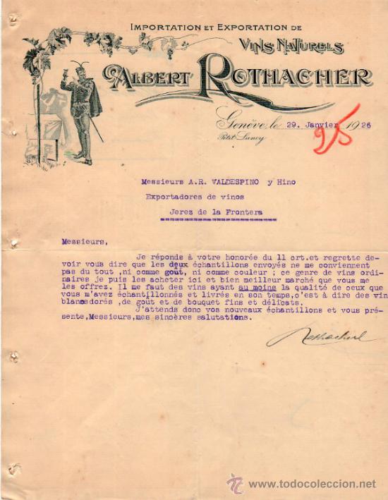 Lettres commerciales: CARTA COMERCIAL DE ALBERT ROTHACHER. IMPORTATION - EXPORTATION DE VINS NATURELS. GEN&Egrave;VE 1926