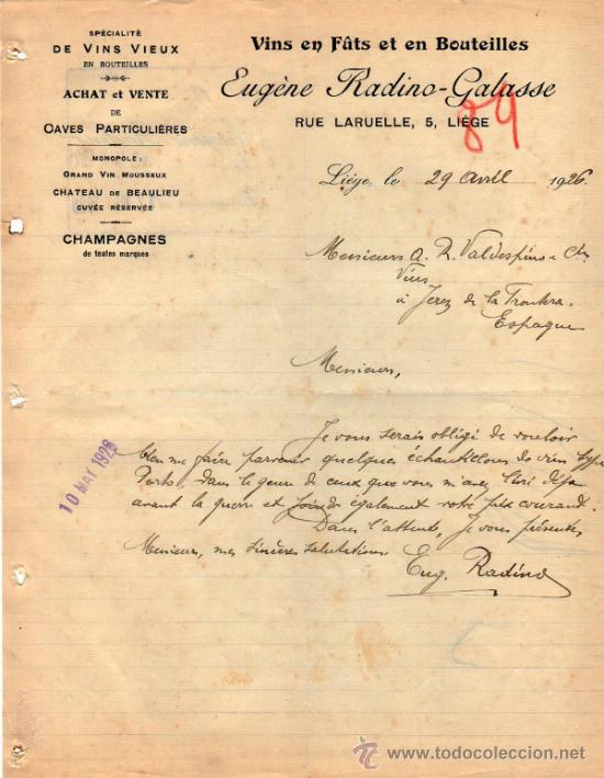 Lettres commerciales: CARTA COMERCIAL DE EUG&Egrave;NE RADINO - GALASSE.SPECIALIT&Eacute; DE VINS VIEUX. LI&Egrave;GE 1926
