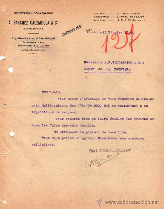 Lettres commerciales: CARTA COMERCIAL DE A. SANCHEZ - CALZADILLA & Cie. IMPORTATION - CONSIGNATION. BORDEAUX 1926