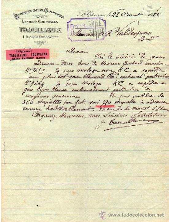 Lettres commerciales: CARTA COMERCIAL DE TROUILLEUX. REPR&Eacute;SENTATION - COMMISSION. St ETIENNE 1928, FRANCE