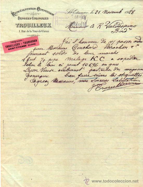 Lettres commerciales: CARTA COMERCIAL DE TROUILLEUX. REPR&Eacute;SENTATION - COMMISSION. St ETIENNE 1928, FRANCE