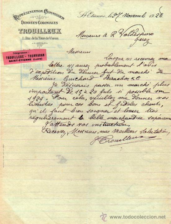 Lettres commerciales: CARTA COMERCIAL DE TROUILLEUX. REPR&Eacute;SENTATION - COMMISSION. St ETIENNE 1928, FRANCE