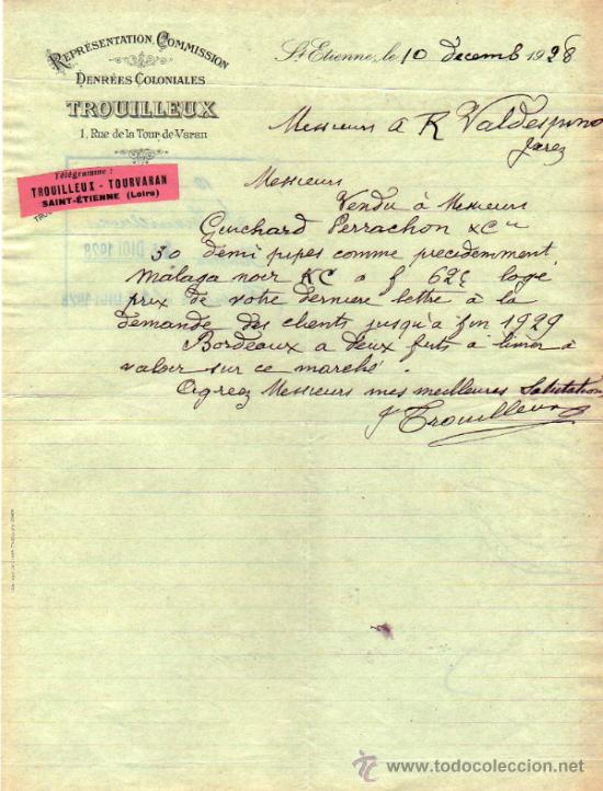 Lettres commerciales: CARTA COMERCIAL DE TROUILLEUX. REPR&Eacute;SENTATION - COMMISSION. St ETIENNE 1928, FRANCE