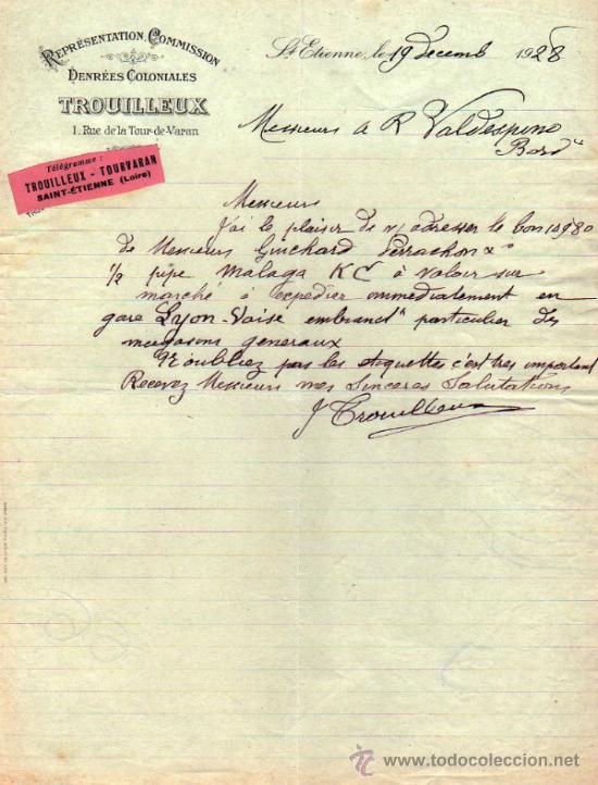 Lettres commerciales: CARTA COMERCIAL DE TROUILLEUX. REPR&Eacute;SENTATION - COMMISSION. St ETIENNE 1928, FRANCE