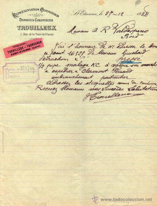 Lettres commerciales: CARTA COMERCIAL DE TROUILLEUX. REPR&Eacute;SENTATION - COMMISSION. St ETIENNE 1928, FRANCE