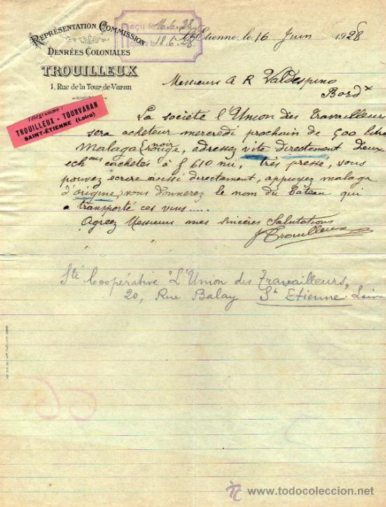 Lettres commerciales: CARTA COMERCIAL DE TROUILLEUX. REPR&Eacute;SENTATION - COMMISSION. St ETIENNE 1928, FRANCE