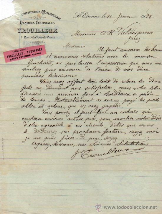 Lettres commerciales: CARTA COMERCIAL DE TROUILLEUX. REPR&Eacute;SENTATION - COMMISSION. St ETIENNE 1928, FRANCE