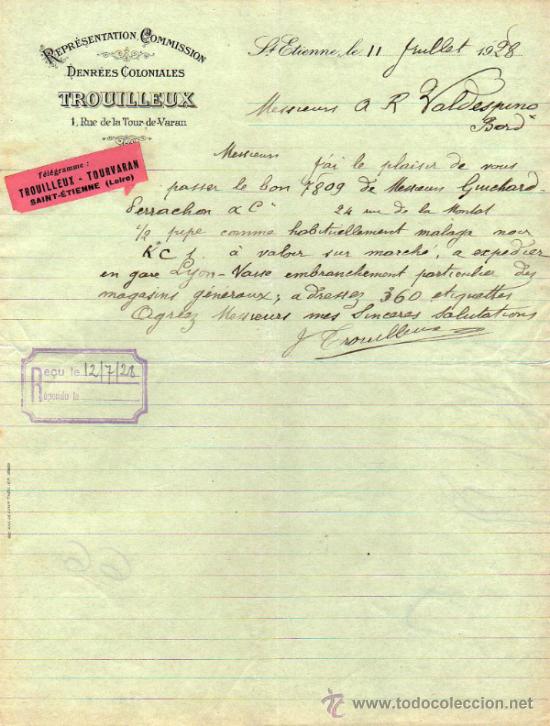 Lettres commerciales: CARTA COMERCIAL DE TROUILLEUX. REPR&Eacute;SENTATION - COMMISSION. St ETIENNE 1928, FRANCE
