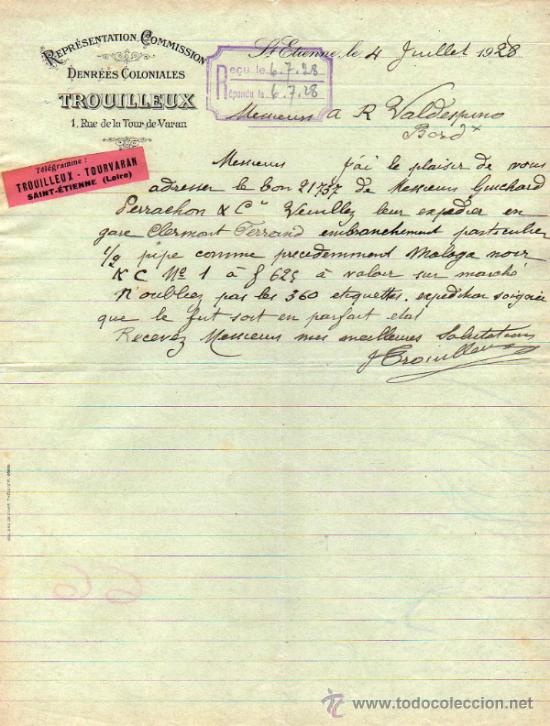 Lettres commerciales: CARTA COMERCIAL DE TROUILLEUX. REPR&Eacute;SENTATION - COMMISSION. St ETIENNE 1928, FRANCE