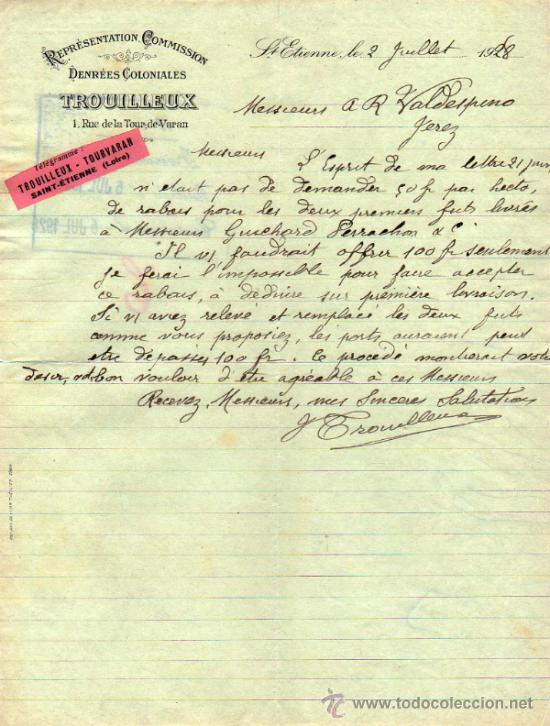 Lettres commerciales: CARTA COMERCIAL DE TROUILLEUX. REPR&Eacute;SENTATION - COMMISSION. St ETIENNE 1928, FRANCE