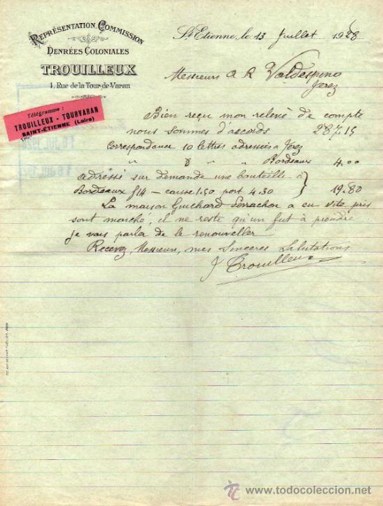 Lettres commerciales: CARTA COMERCIAL DE TROUILLEUX. REPR&Eacute;SENTATION - COMMISSION. St ETIENNE 1928, FRANCE
