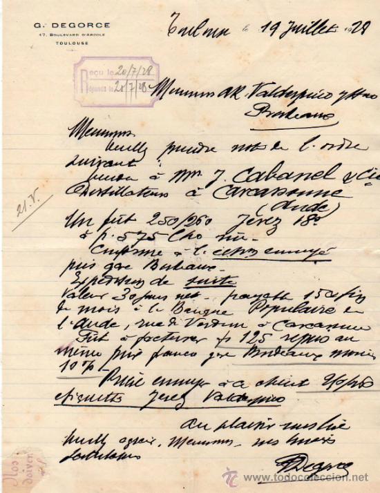 Lettres commerciales: CARTA COMERCIAL DE G. DEGORCE. TOULOUSE 1928, FRANCE