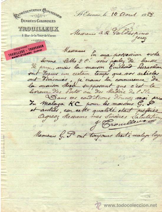 Lettres commerciales: CARTA COMERCIAL DE TROUILLEUX. REPR&Eacute;SENTATION - COMMISSION. St. ETIENNE 1928, FRANCE