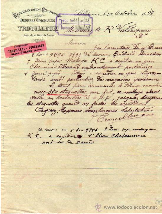 Lettres commerciales: CARTA COMERCIAL DE TROUILLEUX. REPR&Eacute;SENTATION - COMMISSION. St. ETIENNE 1928, FRANCE