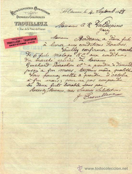 Lettres commerciales: CARTA COMERCIAL DE TROUILLEUX. REPR&Eacute;SENTATION - COMMISSION. St. ETIENNE 1928, FRANCE