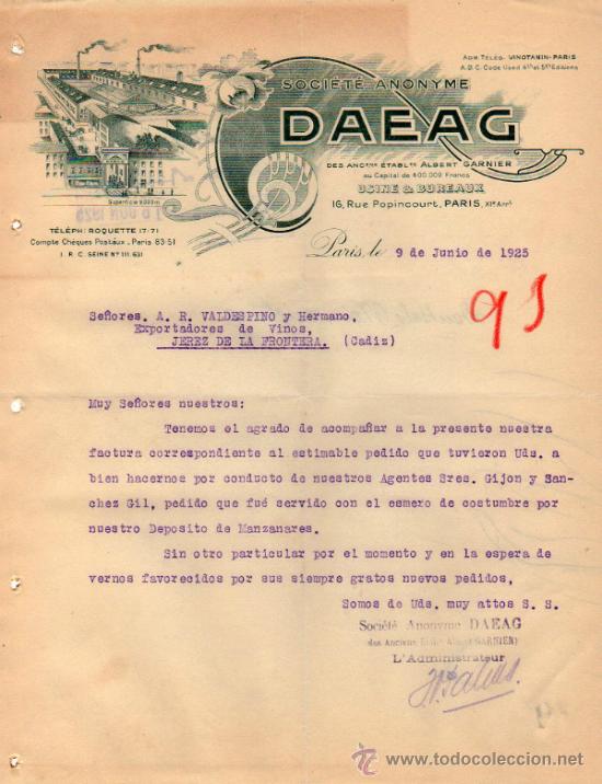 Lettres commerciales: CARTA COMERCIAL DE DAEAG. S. A. DES ANCIENS &Eacute;TABLISSEMENTS ALBERT GARNIER. PARIS 1925