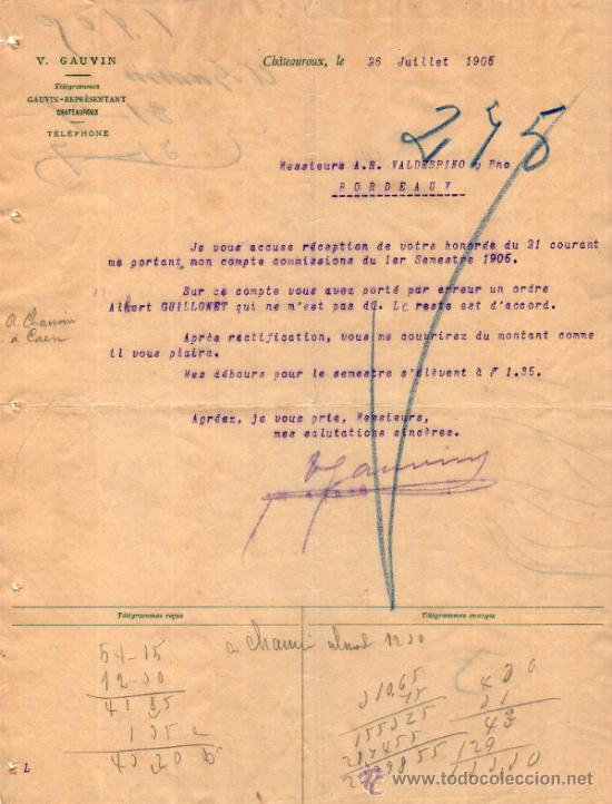 Lettres commerciales: CARTA COMERCIAL DE V. GAUVIN. CH&Acirc;TEAUROUX 1905, FRANCE