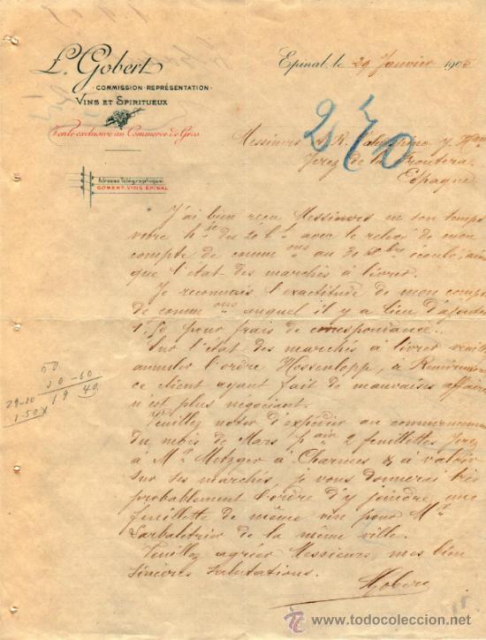 Lettres commerciales: CARTA COMERCIAL DE L. GOBERT. COMMISSION - REPR&Eacute;SENTATION DE VINS ET SPIRITUEUX. EPINAL 1905, FRANCE