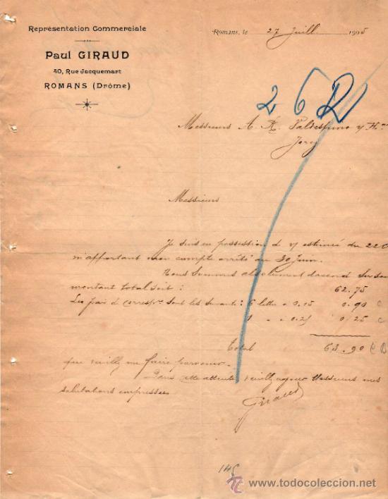 Lettres commerciales: CARTA COMERCIAL DE PAUL GIRAUD. REPR&Eacute;SENTATION  COMMERCIALE. ROMANS 1905, FRANCE