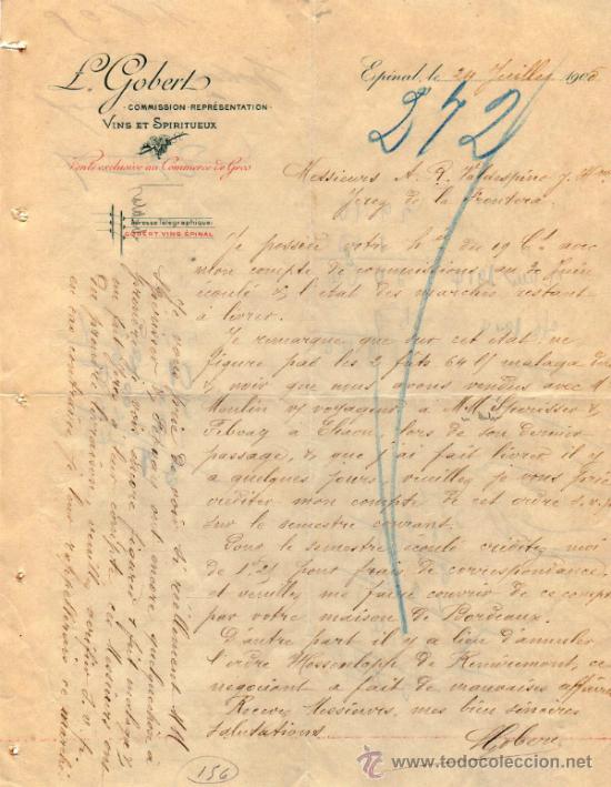 Lettres commerciales: CARTA COMERCIAL DE L. GOBERT. COMMISSION - REPR&Eacute;SENTATION DE VINS ET SPIRITUEUX. EPINAL 1905, FRANCE