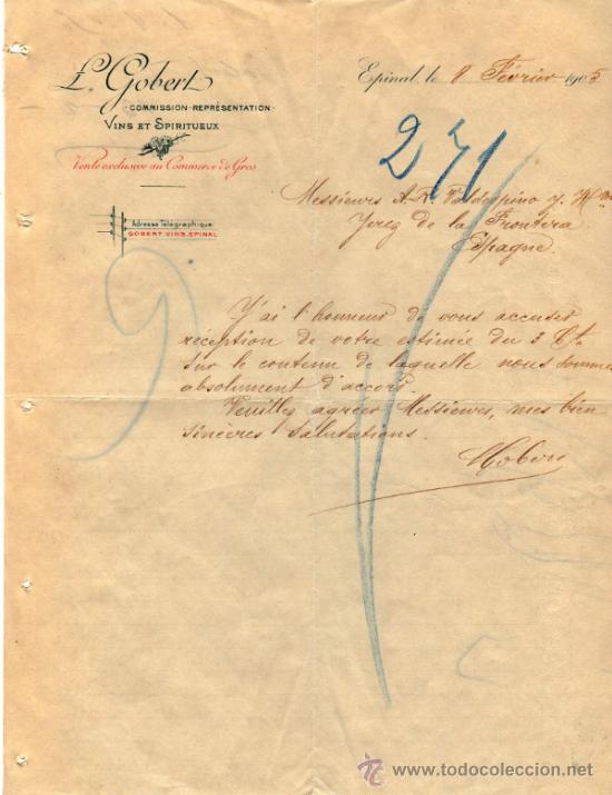 Lettres commerciales: CARTA COMERCIAL DE L. GOBERT. COMMISSION - REPR&Eacute;SENTATION DE VINS ET SPIRITUEUX. EPINAL 1905, FRANCE