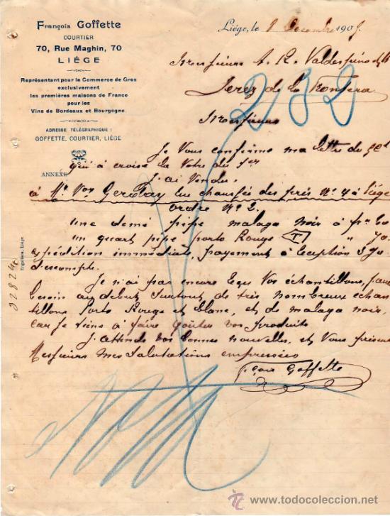 Lettres commerciales: CARTA COMERCIAL DE FRAN&Ccedil;OIS GOFFETTE. COURTIER. LI&Egrave;GE 1905, BELGIQUE