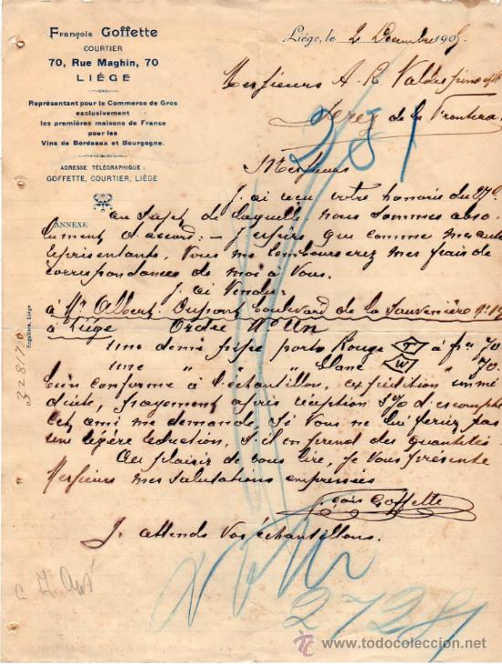Lettres commerciales: CARTA COMERCIAL DE FRAN&Ccedil;OIS GOFFETTE. COURTIER. LI&Egrave;GE 1905, BELGIQUE