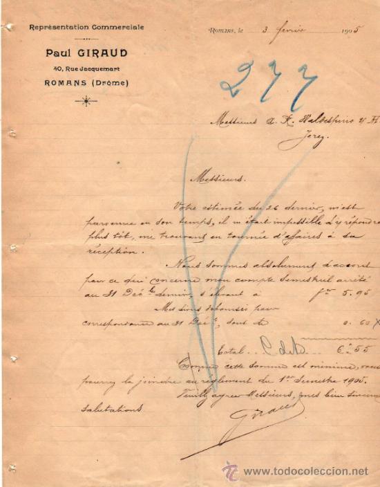 Lettres commerciales: CARTA COMERCIAL DE PAUL GIRAUD. REPR&Eacute;SENTATION COMMERCIALE. ROMANS 1905, FRANCE