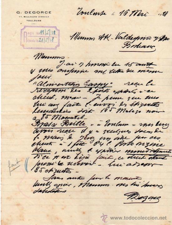 Cartas comerciales: CARTA COMERCIAL DE G. DEGORCE. TOULOUSE 1928, FRANCE