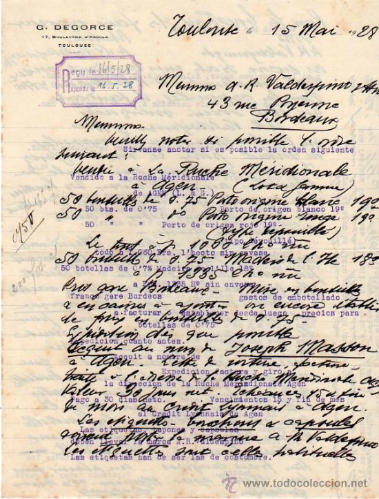 Cartas comerciales: CARTA COMERCIAL DE G. DEGORCE. TOULOUSE 1928, FRANCE