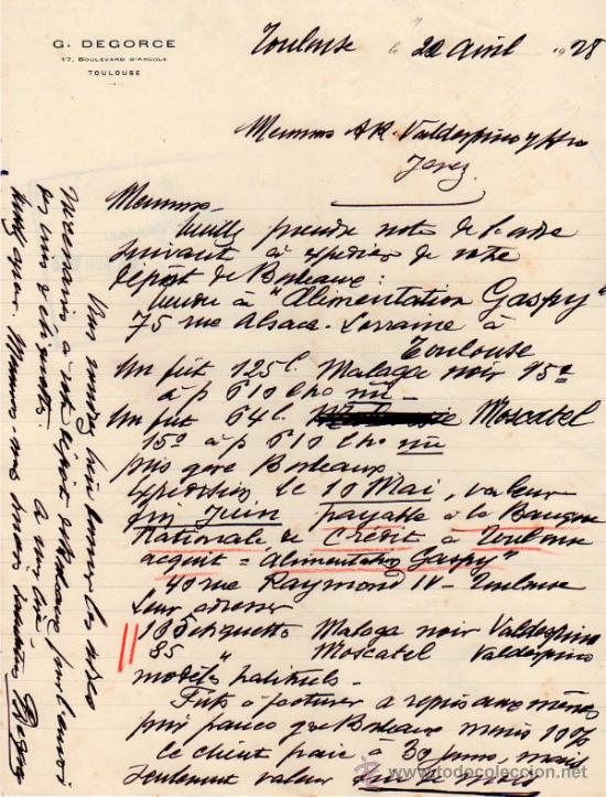 Cartas comerciales: CARTA COMERCIAL DE G. DEGORCE. TOULOUSE 1928, FRANCE