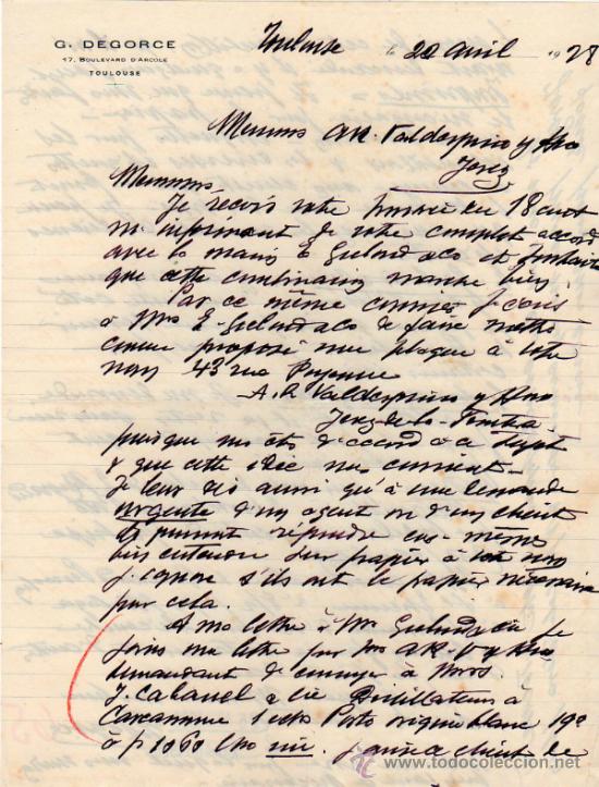 Cartas comerciales: CARTA COMERCIAL DE G. DEGORCE. TOULOUSE 1928, FRANCE