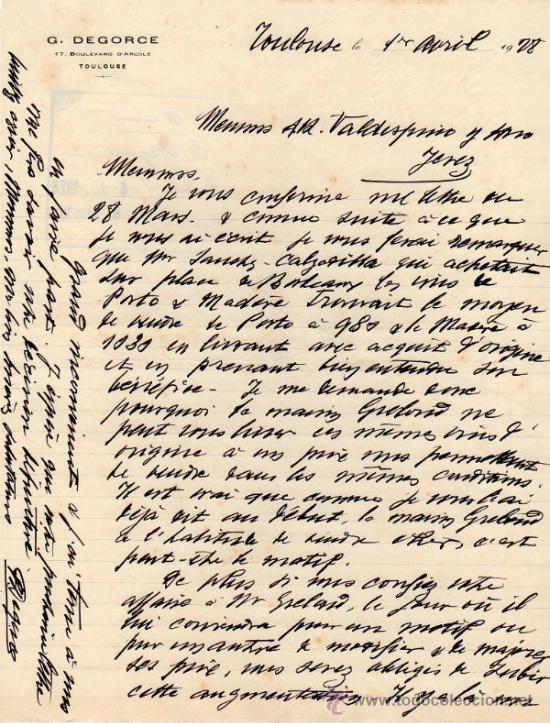 Cartas comerciales: CARTA COMERCIAL DE G. DEGORCE. TOULOUSE 1928, FRANCE