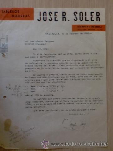 Lettres commerciales: CARTA COMERCIAL DE JOSE SOLER. TABLEROS, MADERAS. VALENCIA 1942.