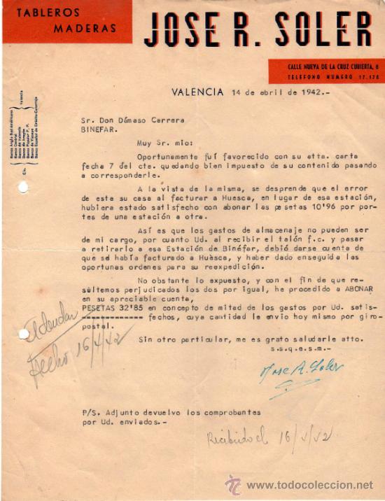 Gesch&auml;ftsbriefe: CARTA COMERCIAL DE JOSE R. SOLER. TABLEROS DE MADERAS. VALENCIA.1942