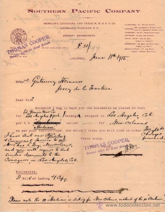Cartas comerciais: CARTA COMERCIAL DE SOUTHERN PACIFIC COMPANY. LIVERPOOL. 1915