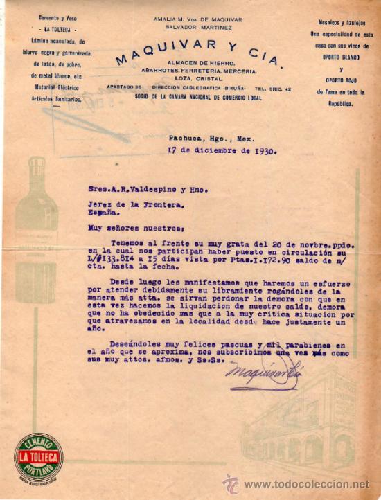 Commercial Letters: CARTA COMERCIAL DE MAQUIVAR Y CIA. ALMACEN DE HIEERO, ABARROTES, FERRETERIA.  PACHUCA, MEXICO. 1930